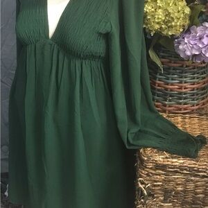 Forest Green V-Neck Smocked Waist Dress